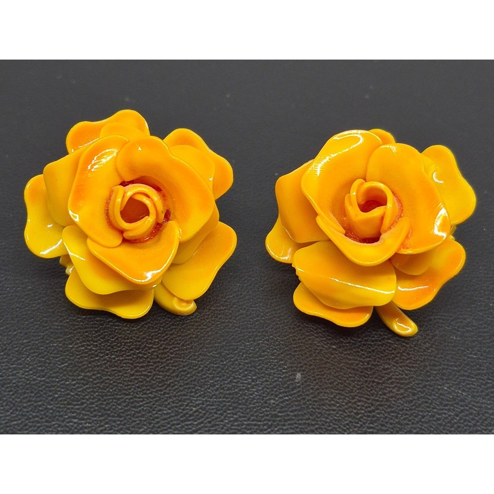 Vintage Rose Clip On Earrings Woman Yellow Acrylic Floral Retro Statement